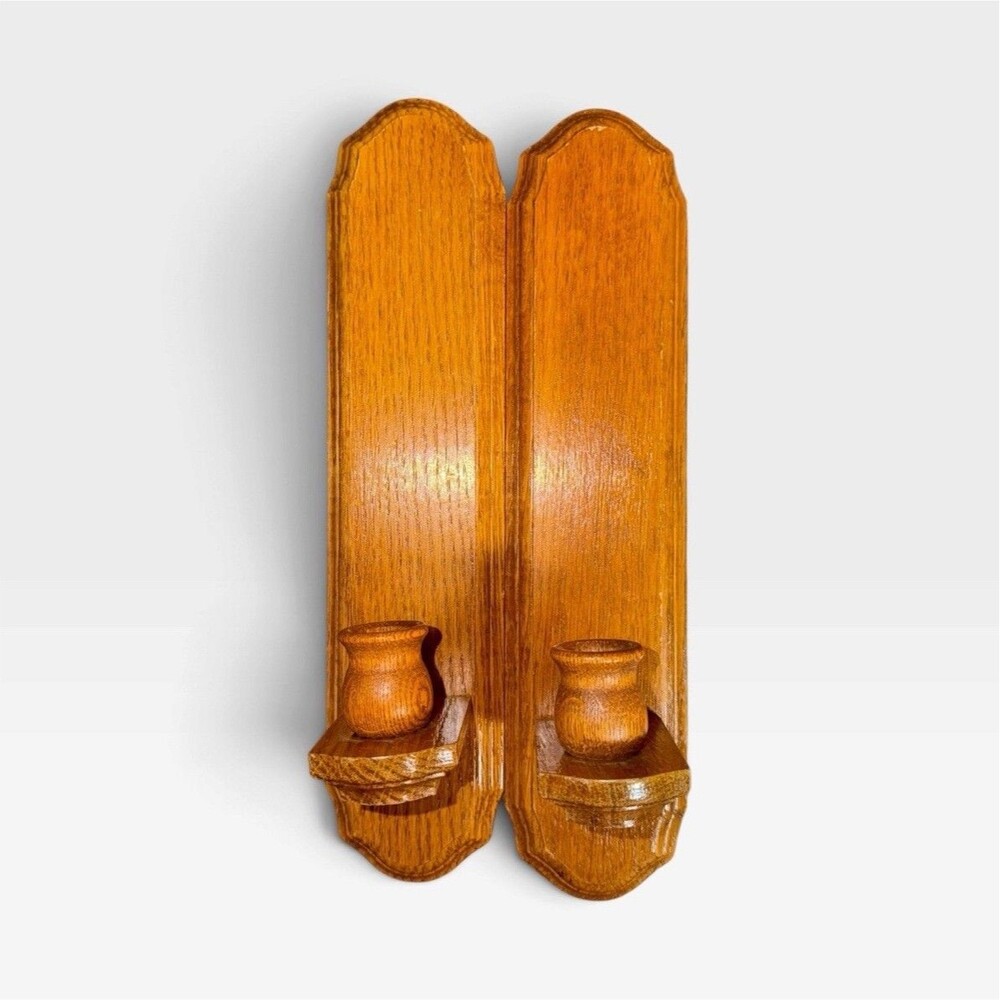 Vtg Wood Wall Sconces Candle Holders Pair MCM Country Farmhouse Oak Homco Style